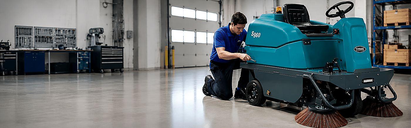 Técnico arreglando la Barredora Tennant S960